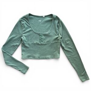 PacSun PAC Cares Womens L Sage Green Ribbed Long Sleeve Hook Eye Henley Crop Top
